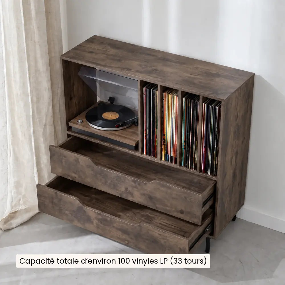Meuble pour platine vinyle en bois foncé avec tiroirs et compartiments Image