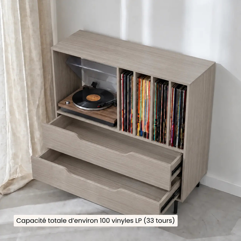 Meuble pour platine vinyle en bois gris avec tiroirs et compartiments