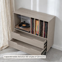 Meuble pour platine vinyle en bois gris avec tiroirs et compartiments