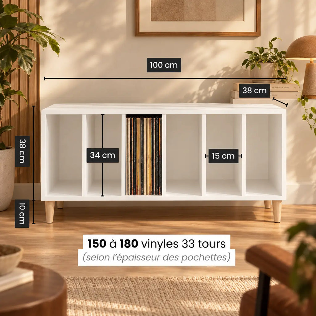 Meuble Vinyle pour Platine Blanc 100 cm 6 Compartiments | Cevro