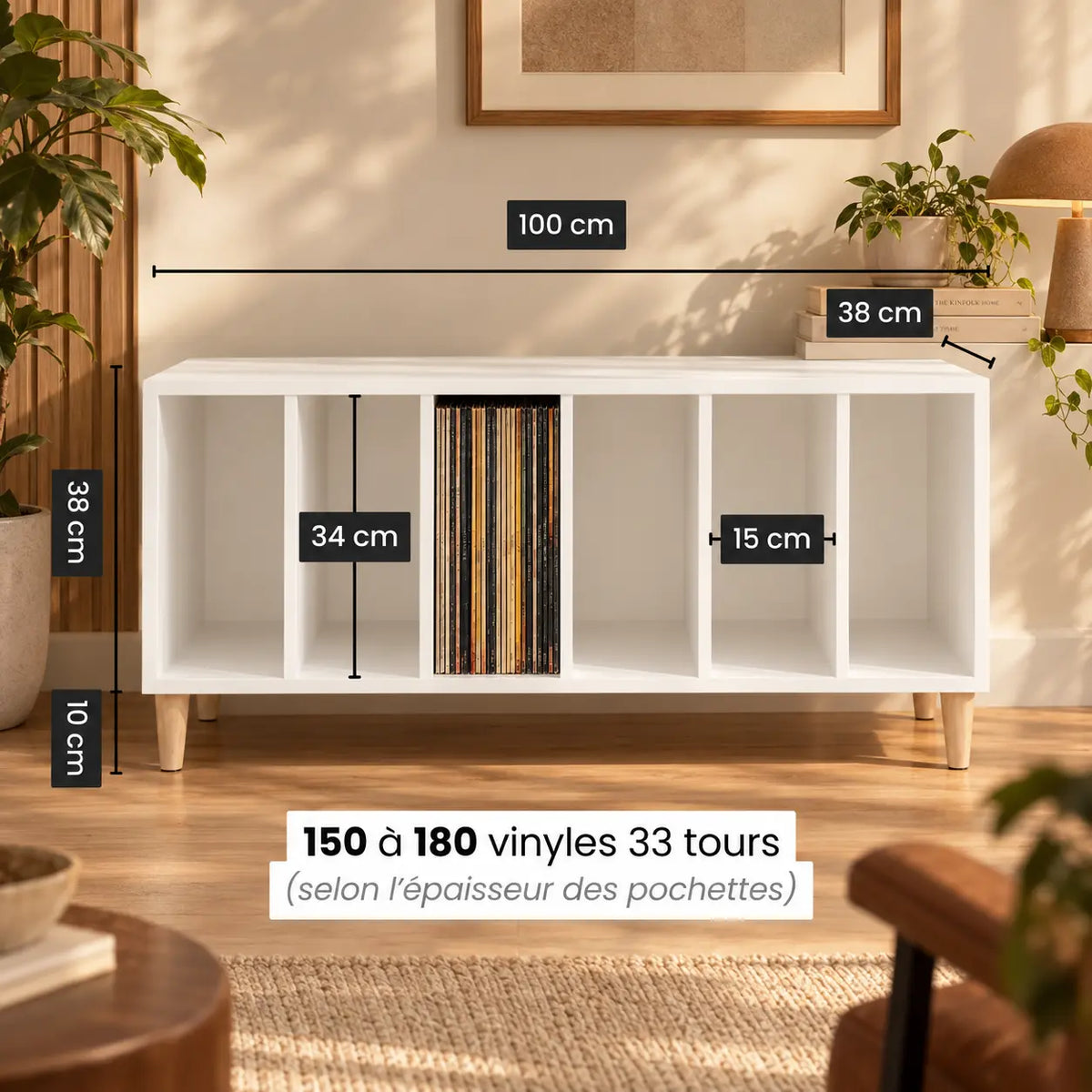 Meuble Vinyle pour Platine Blanc 100 cm 6 Compartiments | Cevro