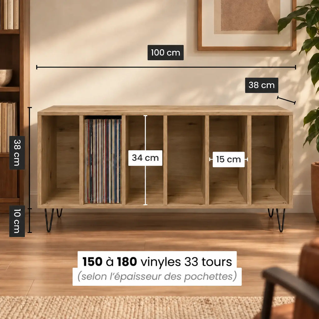 Meuble Vinyle pour Platine Chêne Artisanal 100 cm Pieds Métal | Metra
