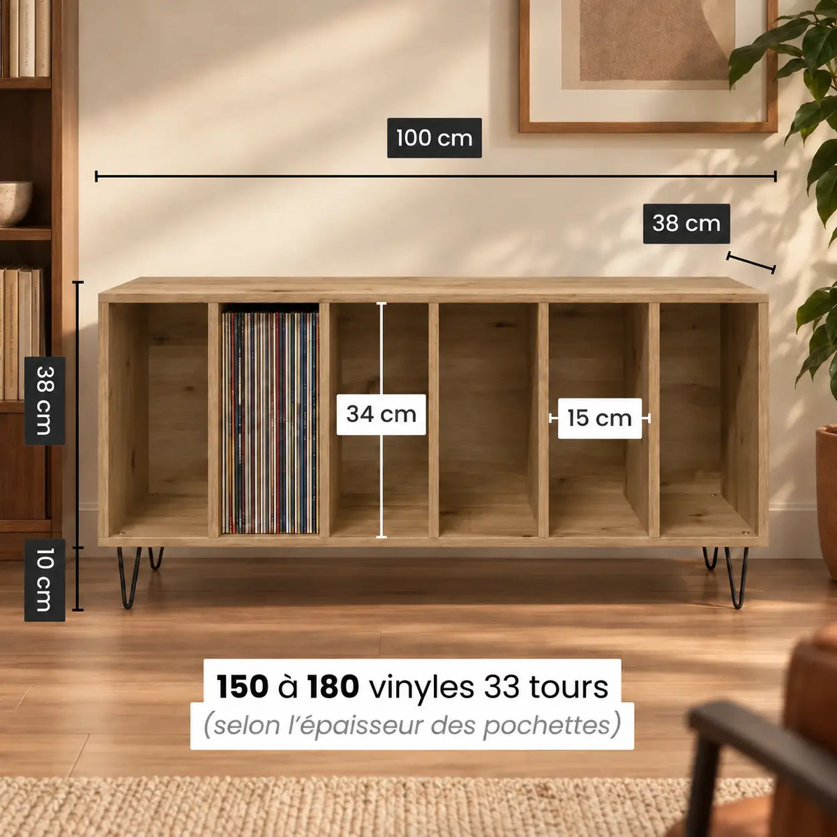 Meuble Vinyle pour Platine Chêne Artisanal 100 cm Pieds Métal | Metra