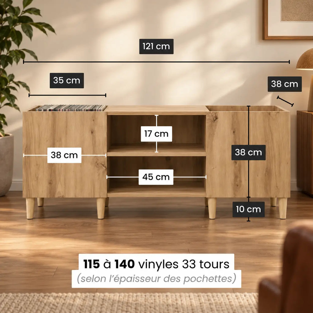 Meuble Vinyle pour Platine Chêne Artisanal 121 cm | Vaska