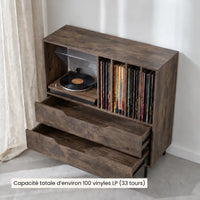 Meuble pour platine vinyle en bois foncé avec tiroirs et compartiments