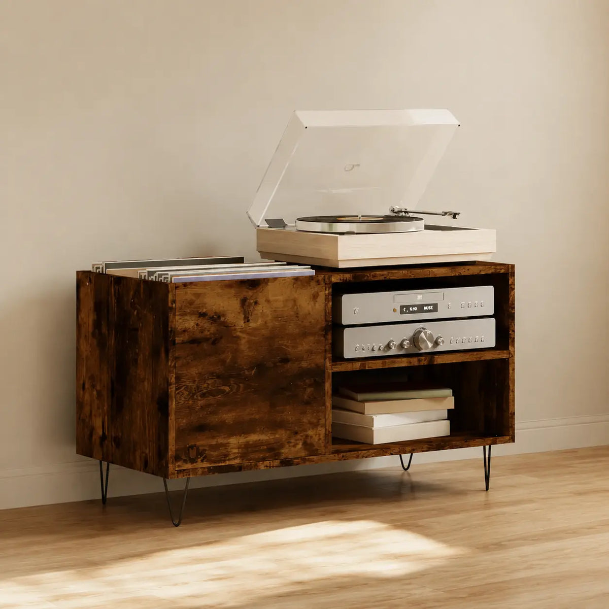 Meuble Vinyle pour Platine Chêne Fumé 85 cm | Norys