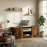 meuble vinyle en chêne fumé avec dimensions 121 x 38 x 48 cm dans salon moderne vintage