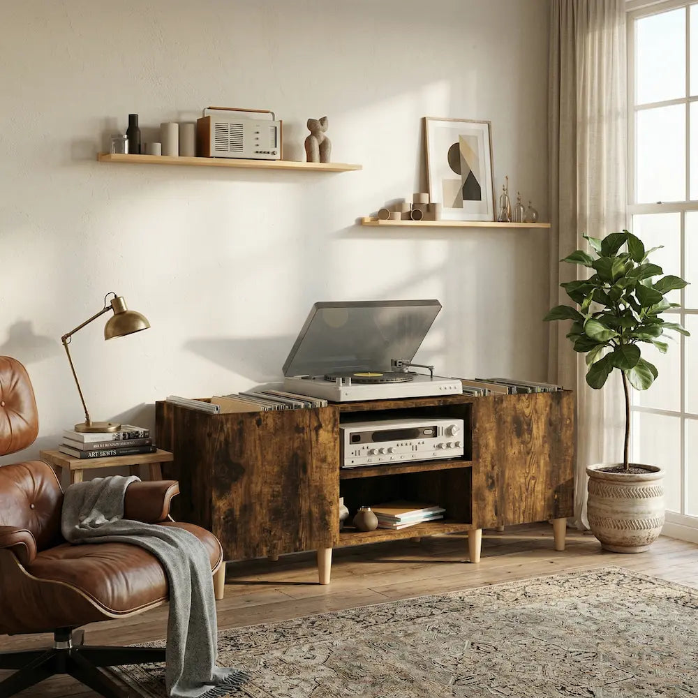 meuble vinyle en chêne fumé avec dimensions 121 x 38 x 48 cm dans salon moderne vintage Image