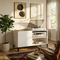 meuble vinyle en bois blanc brillant aux dimensions 84,5 x 38 x 48 cm dans salon moderne vintage