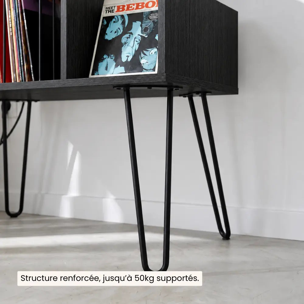 Meuble Vinyle pour Platine Noir avec Station de Charge 66 cm | Noselio