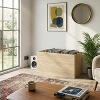 meuble bac rangement vinyle en chêne sonoma aux dimensions 71 x 34 x 36 cm dans salon moderne