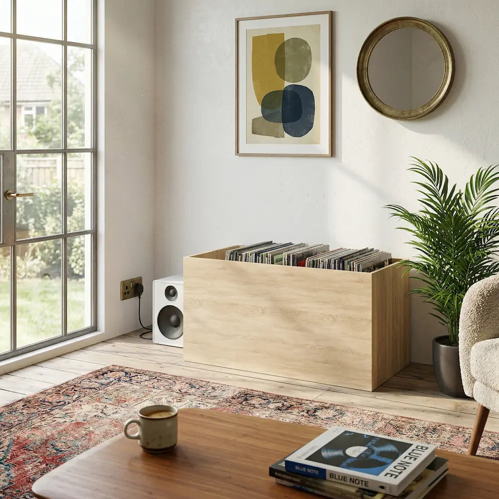 meuble bac rangement vinyle en chêne sonoma aux dimensions 71 x 34 x 36 cm dans salon moderne Image