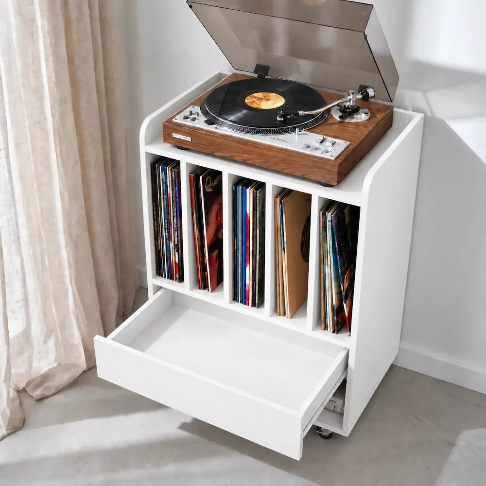 Meuble pour disques vinyles et platine en bois blanc avec tiroir de rangement
