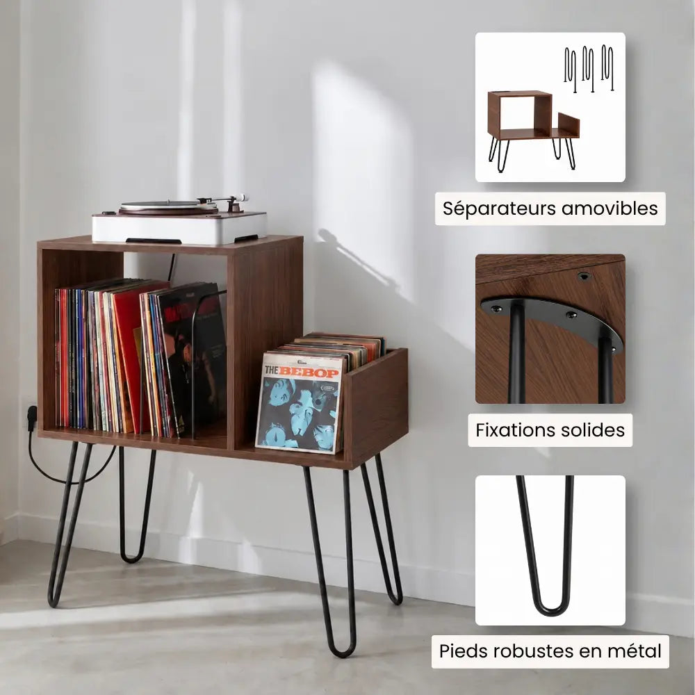 Meuble platine vinyle couleur noyer en bois
