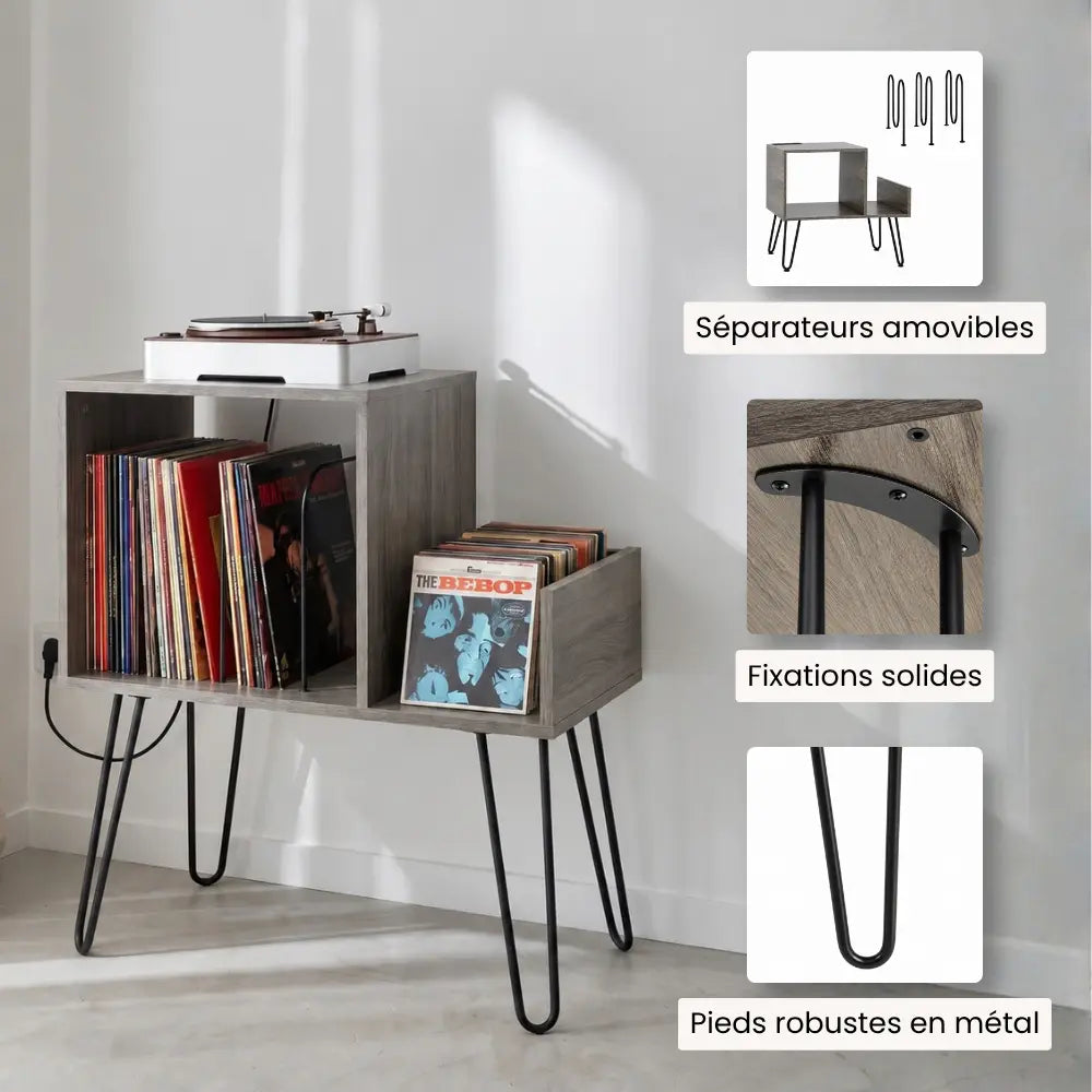 Meuble platine vinyle couleur gris rustique en bois