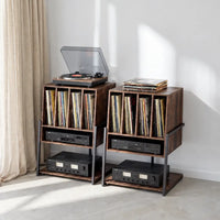 Meuble pour platine et vinyles en bois couleur marron avec 4 compartiments et rangement pour amplificateur