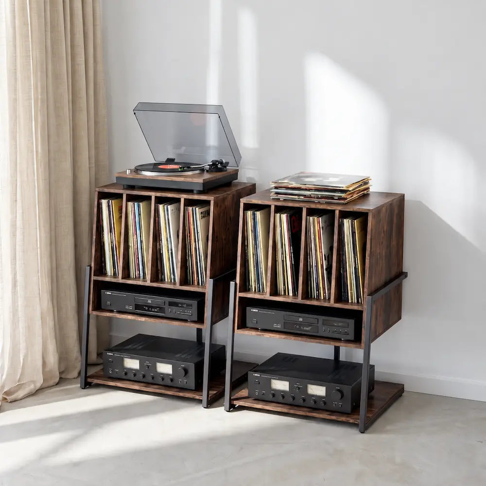 Meuble pour platine et vinyles en bois couleur marron avec 4 compartiments et rangement pour amplificateur