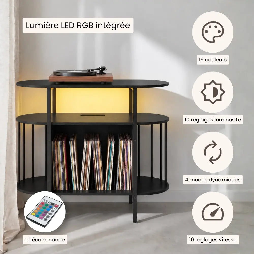 Meuble pour disques vinyles et platine en bois couleur noir avec LED RGB