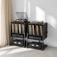 Meuble pour platine et vinyles en bois couleur noir avec 4 compartiments et rangement pour amplificateur