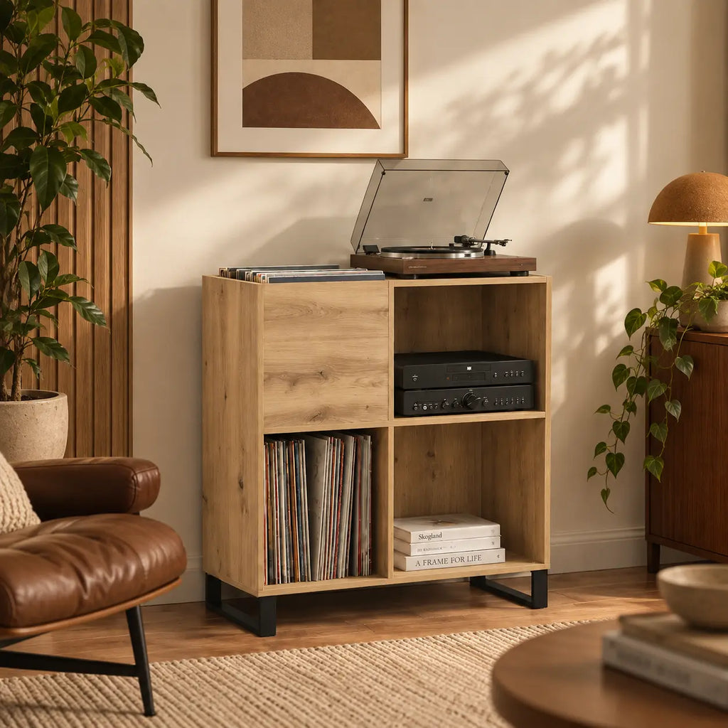 Meuble pour platine et disques vinyles en bois couleur chêne artisanal salon rétro