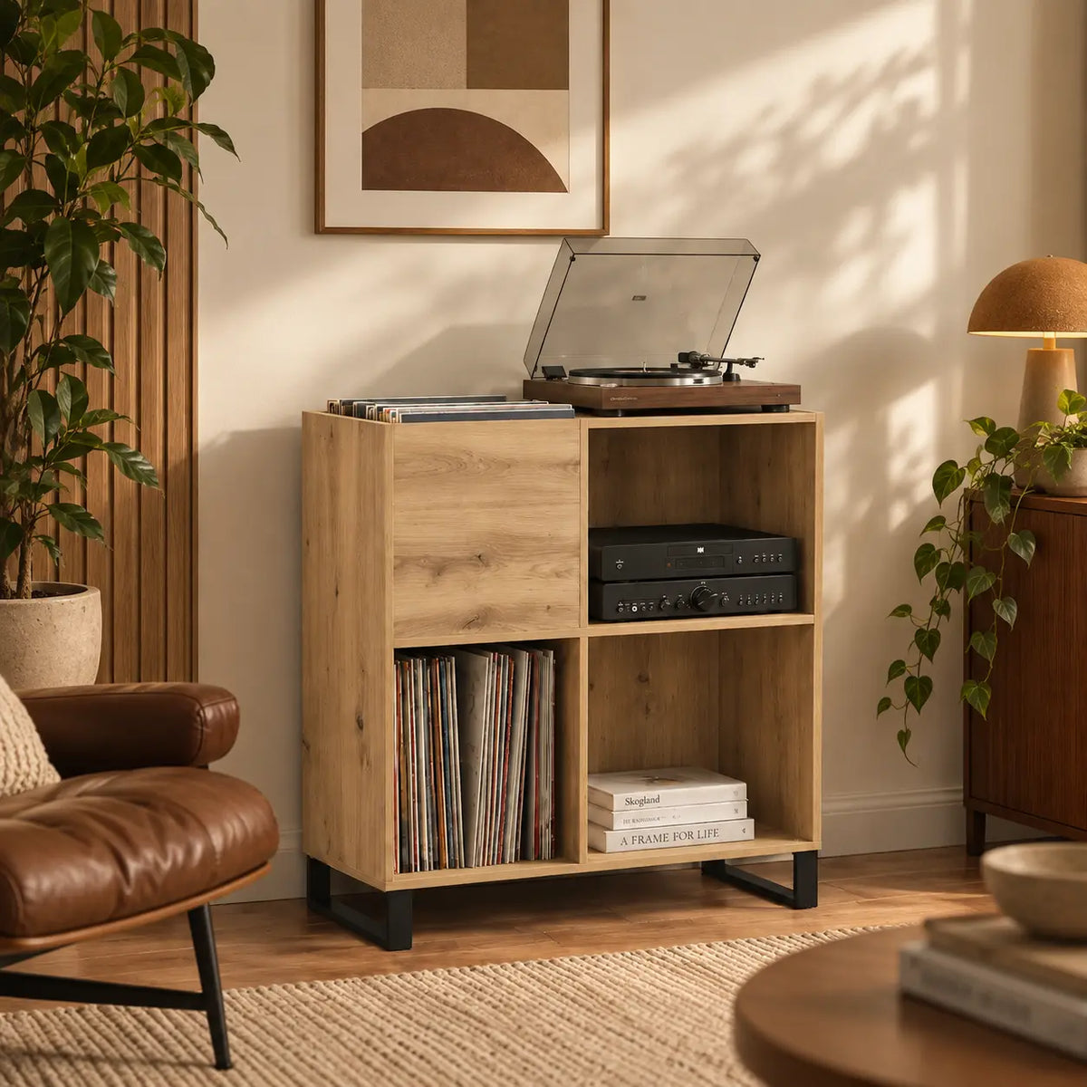 Meuble pour platine et disques vinyles en bois couleur chêne artisanal salon rétro Image