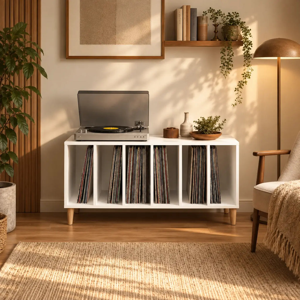 Meuble en bois couleur blanc pour disques vinyles et platine