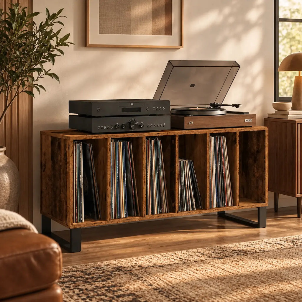 meuble pour disques vinyles et platine couleur bois ancien