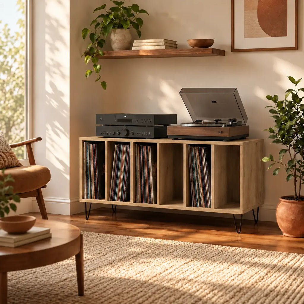 Meuble pour disques vinyles et platine en bois clair