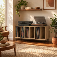 Meuble pour disques vinyles et platine en bois clair
