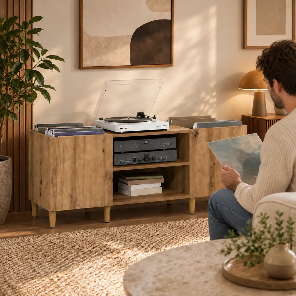 Meuble en bois pour disques vinyles et platine en bois couleur clair