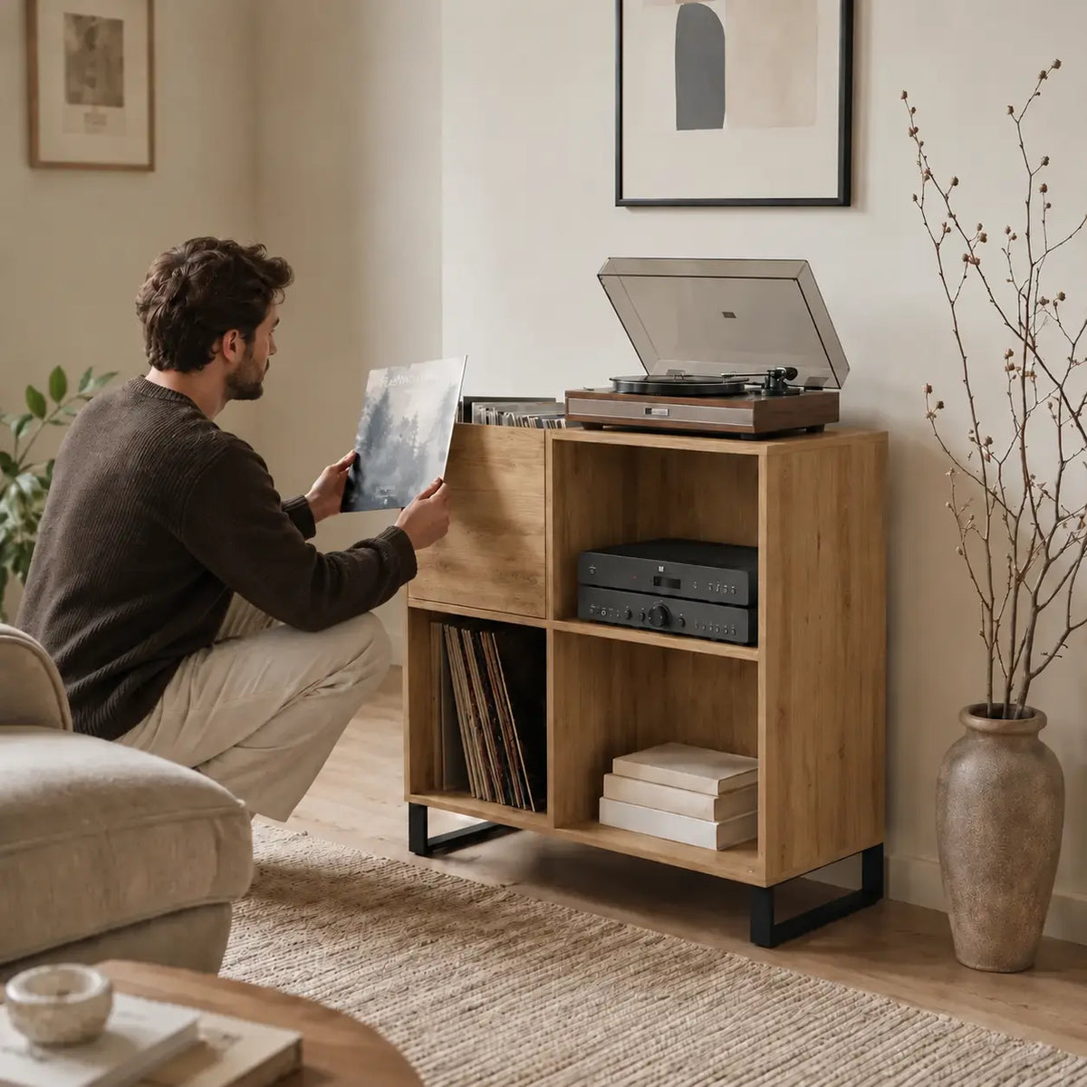 Meuble pour platine et disques vinyles en bois couleur chêne artisanal salon