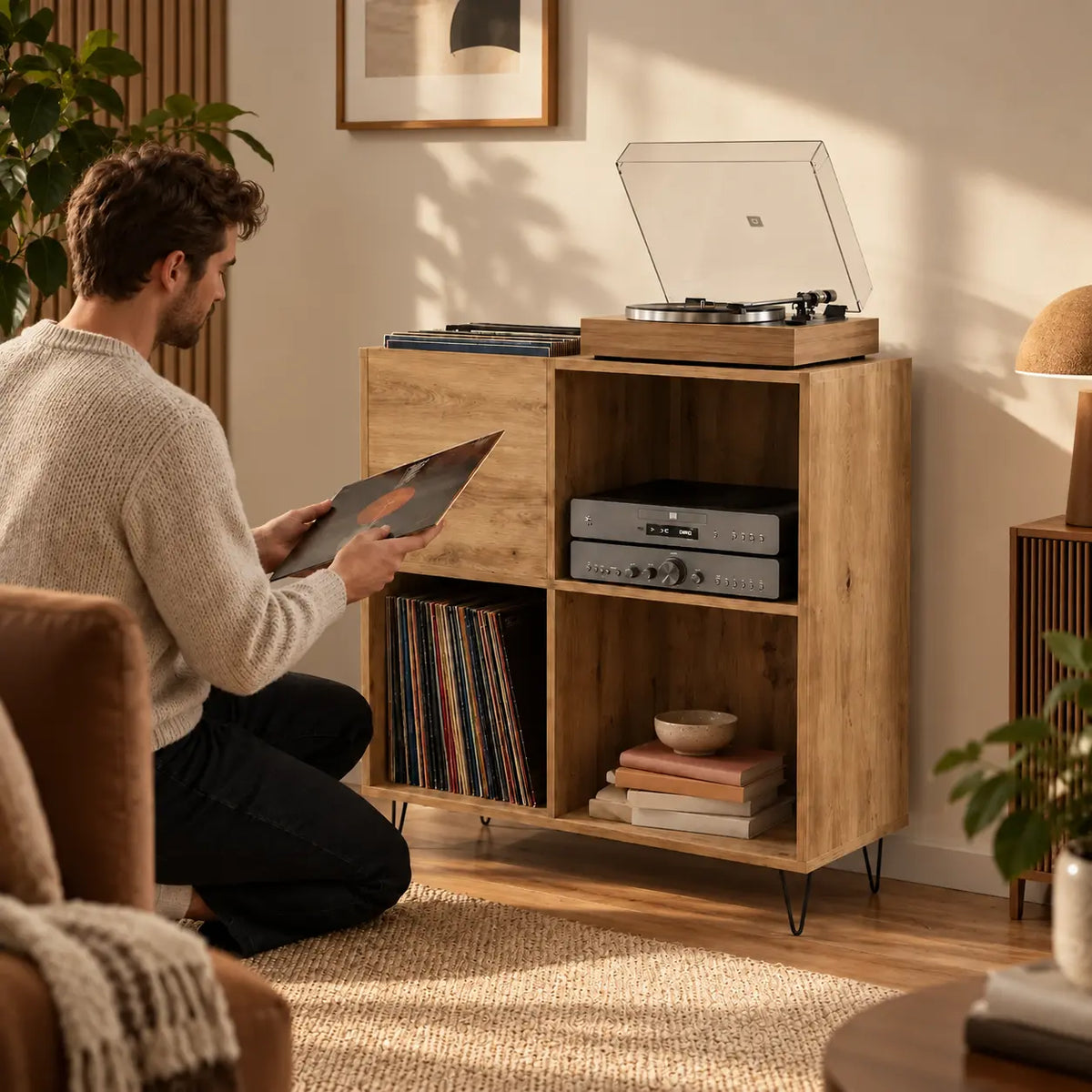 petit meuble vinyle pour platine couleur chêne artisanal