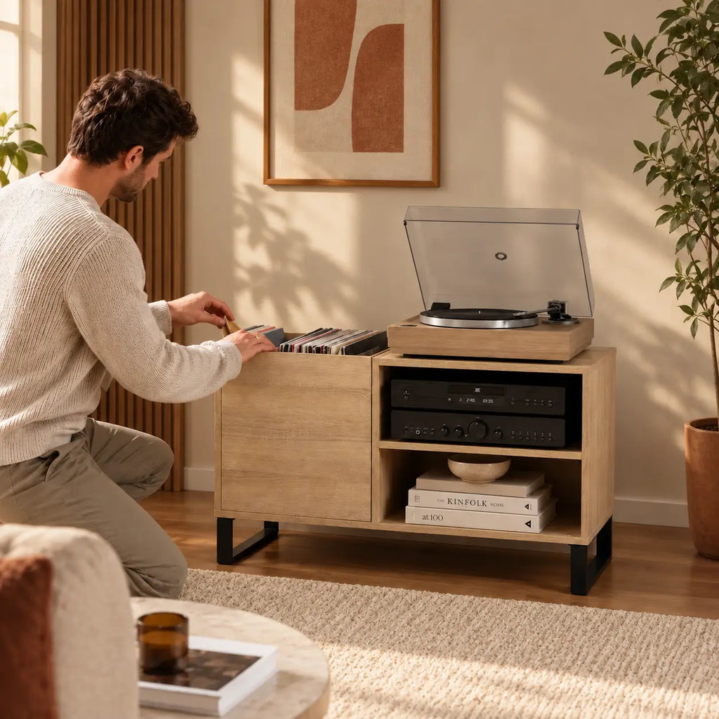 Meuble pour platine et disques vinyles couleur bois clair