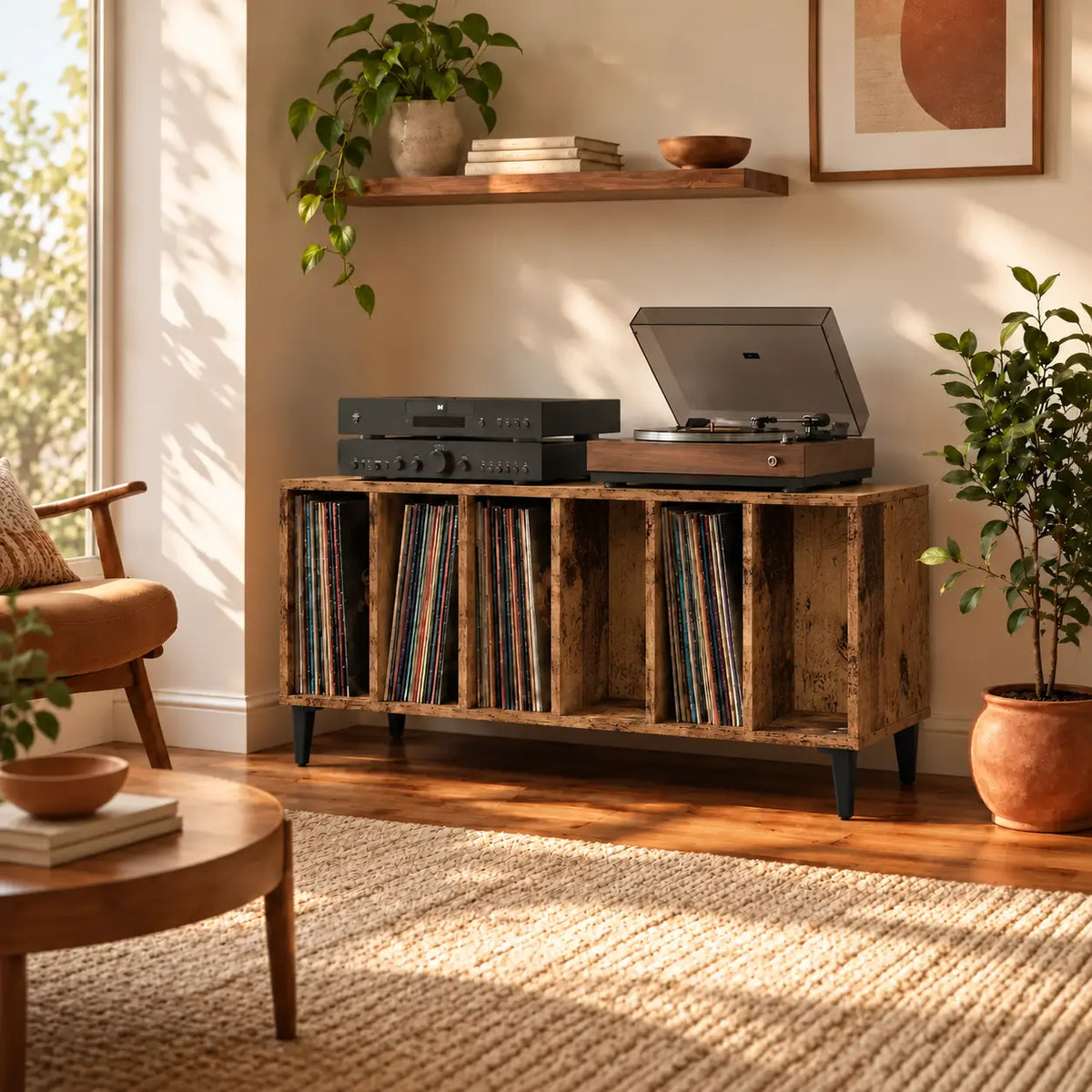 Meuble pour platine et vinyles en bois couleur foncé