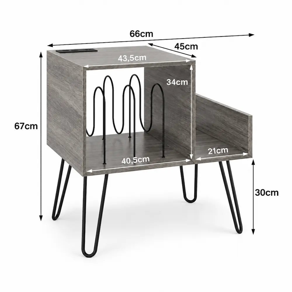 Meuble Vinyle pour Platine Gris Rustique avec Station de Charge 66 cm | Norva