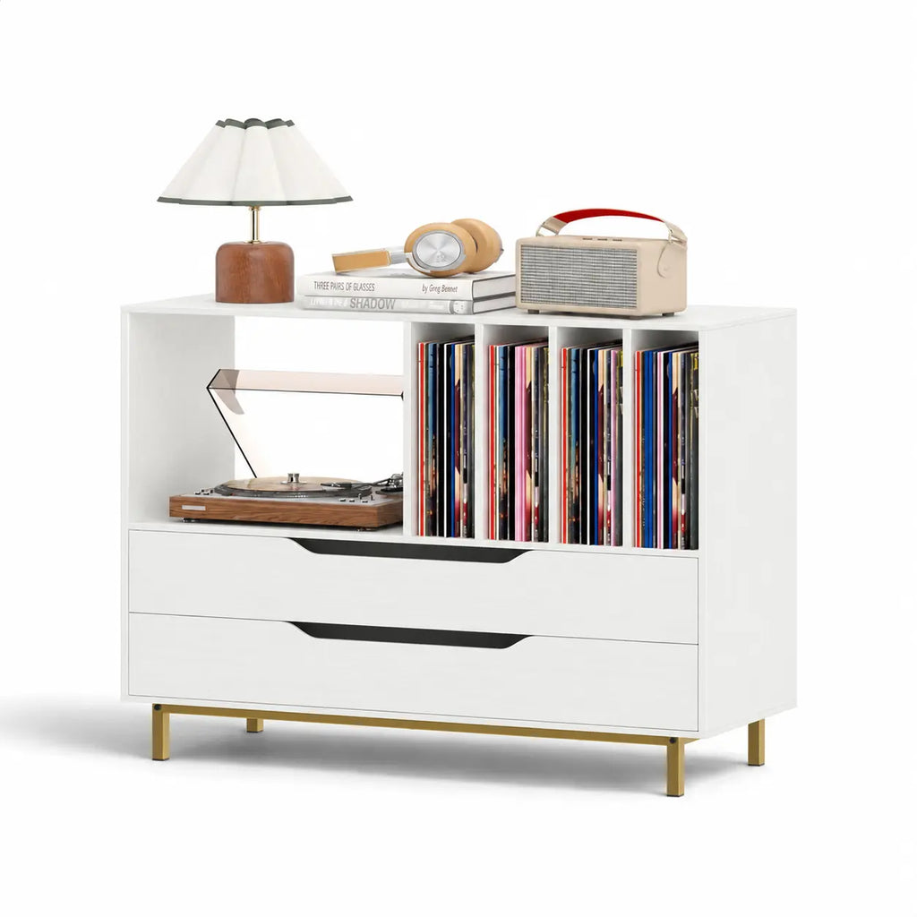 Meuble design pour platine et disques vinyles en bois blanc