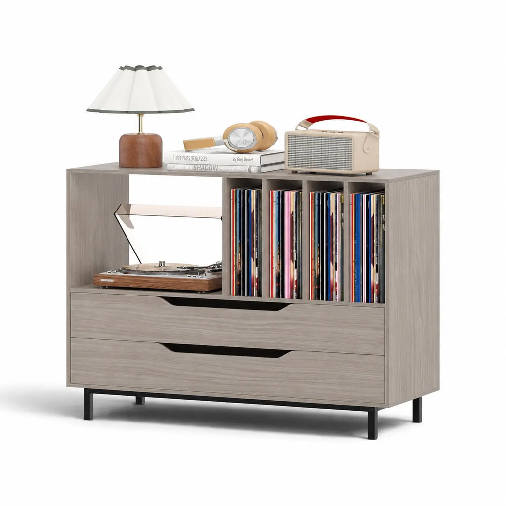 Meuble pour platine et disques vinyles en bois gris