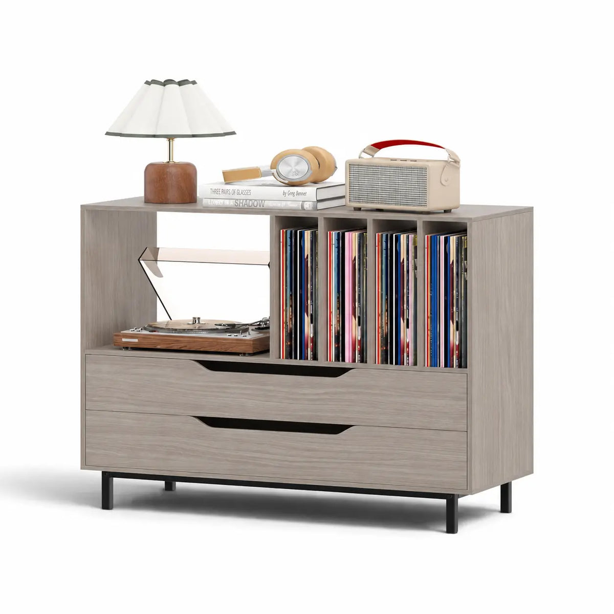 Meuble pour platine et disques vinyles en bois gris