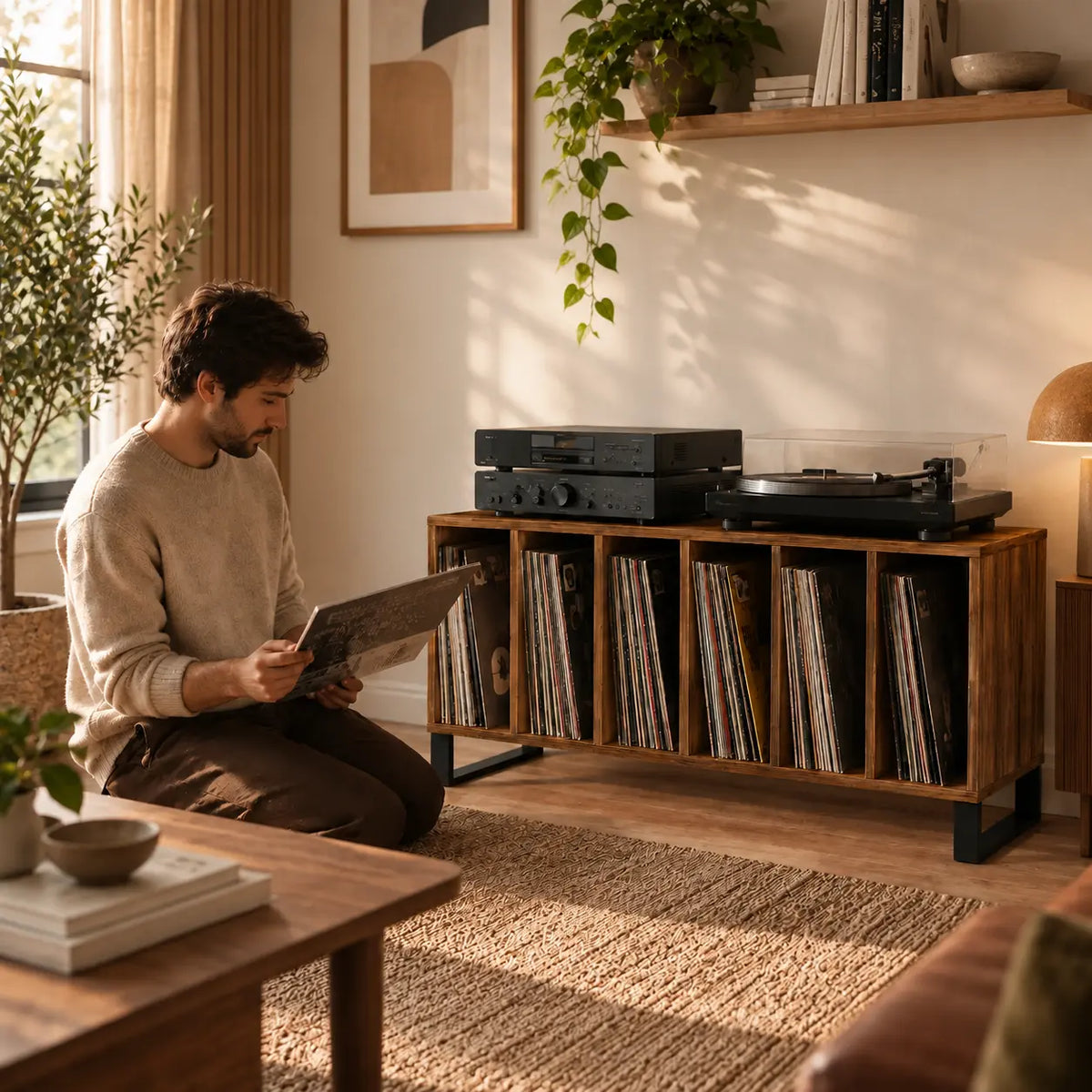 meuble pour disques vinyles et platine couleur bois ancien pour disques Image