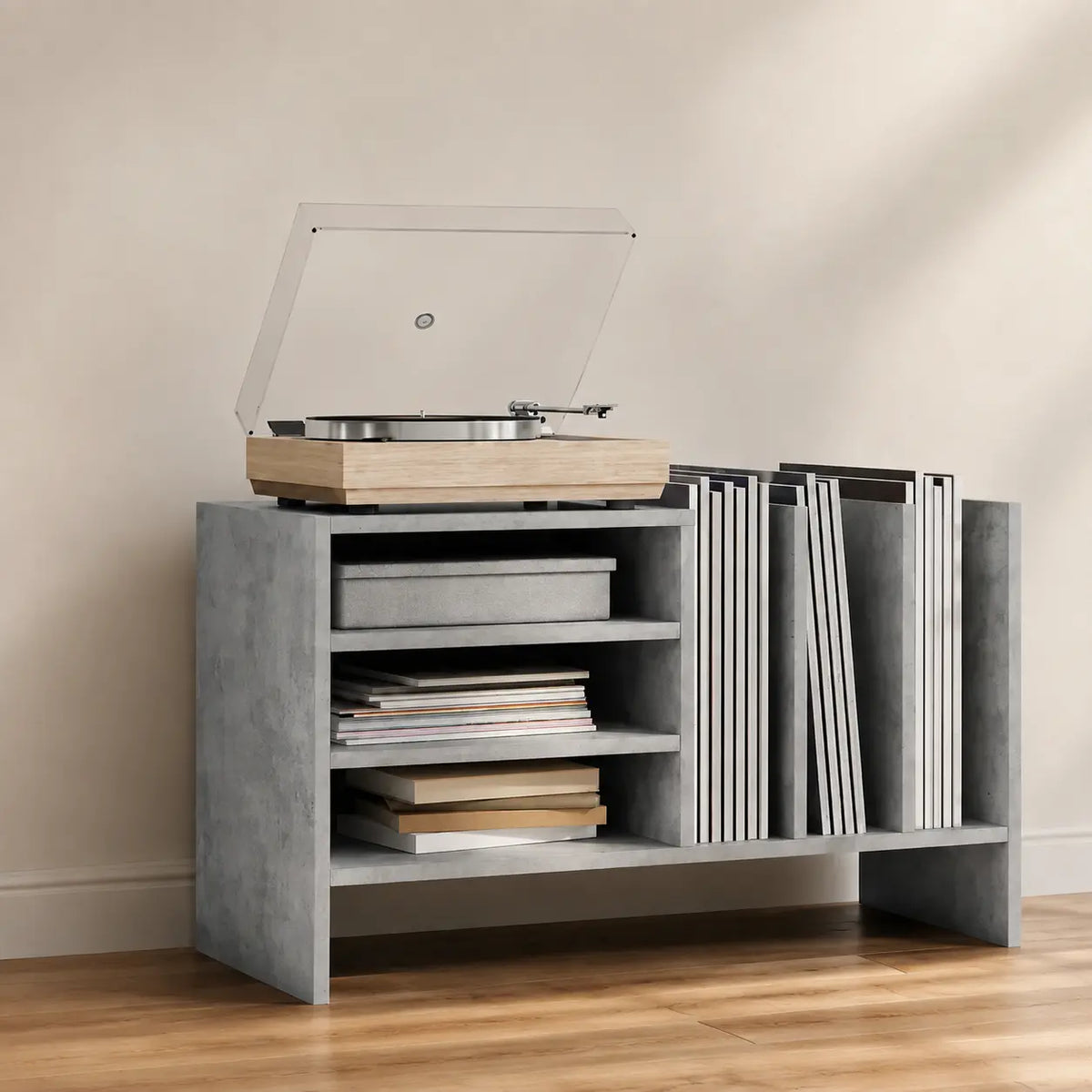 Meuble Vinyle pour Platine Gris Béton 78,5 cm | Belio