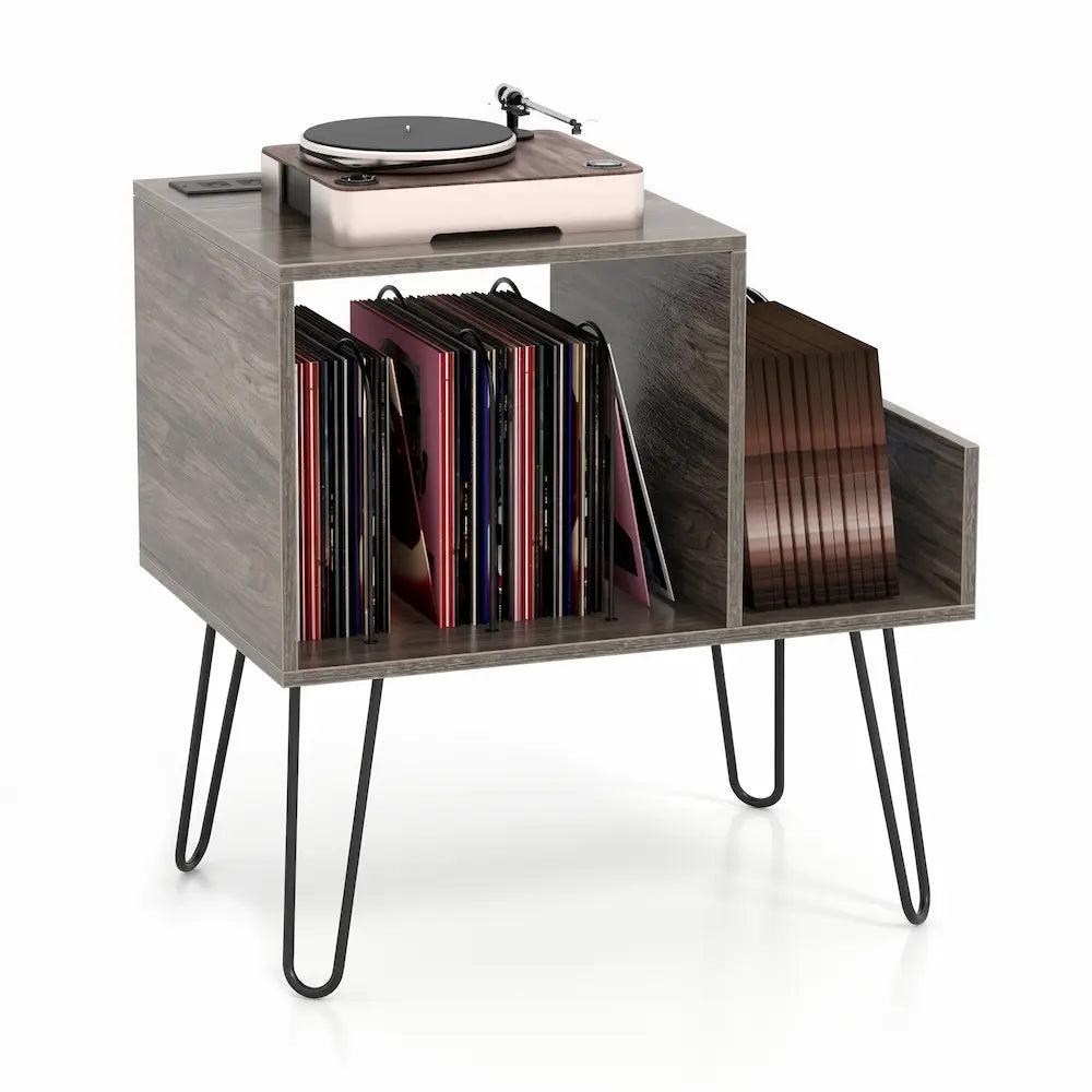 Meuble Vinyle pour Platine Gris Rustique avec Station de Charge 66 cm | Norva