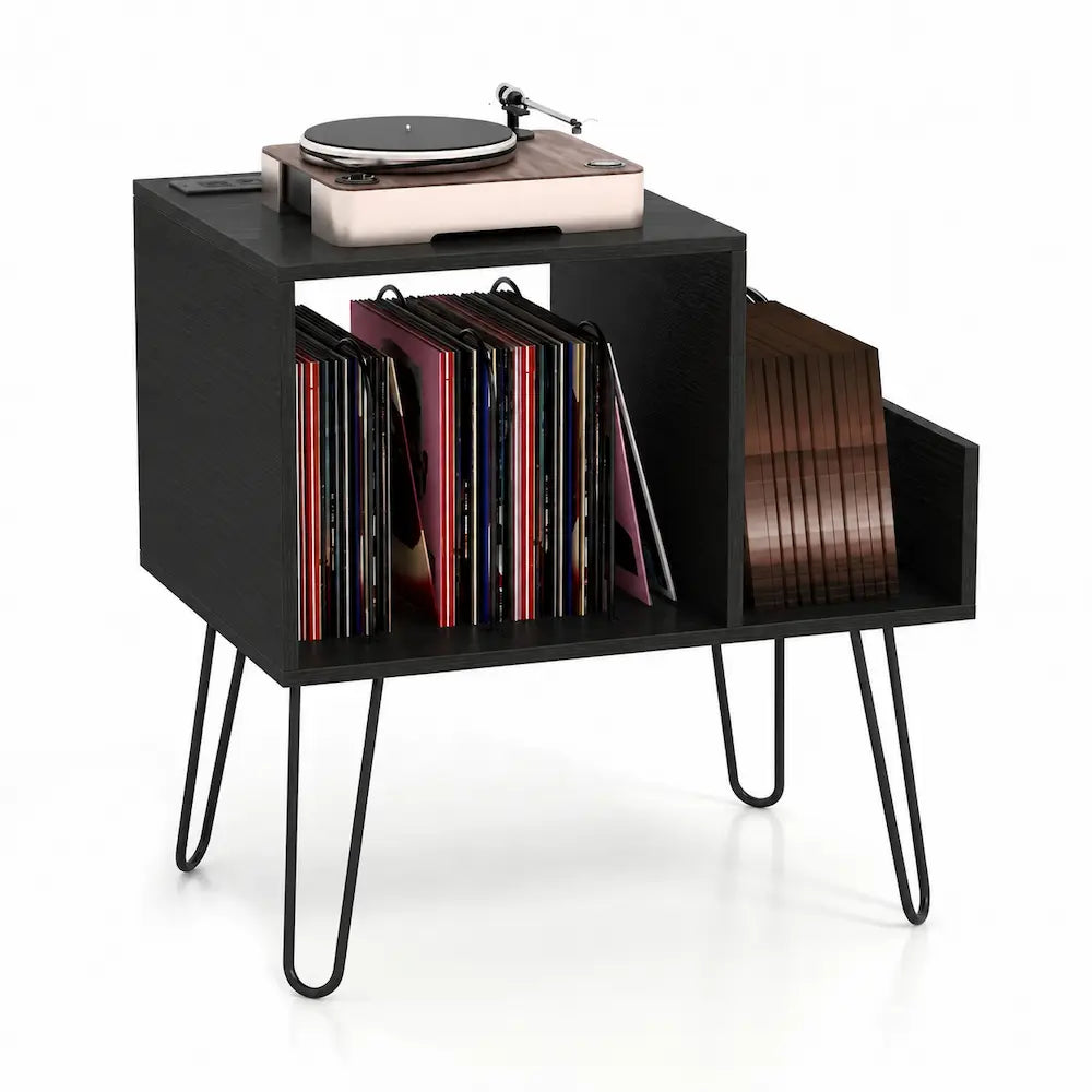 Meuble Vinyle pour Platine Noir avec Station de Charge 66 cm | Noselio