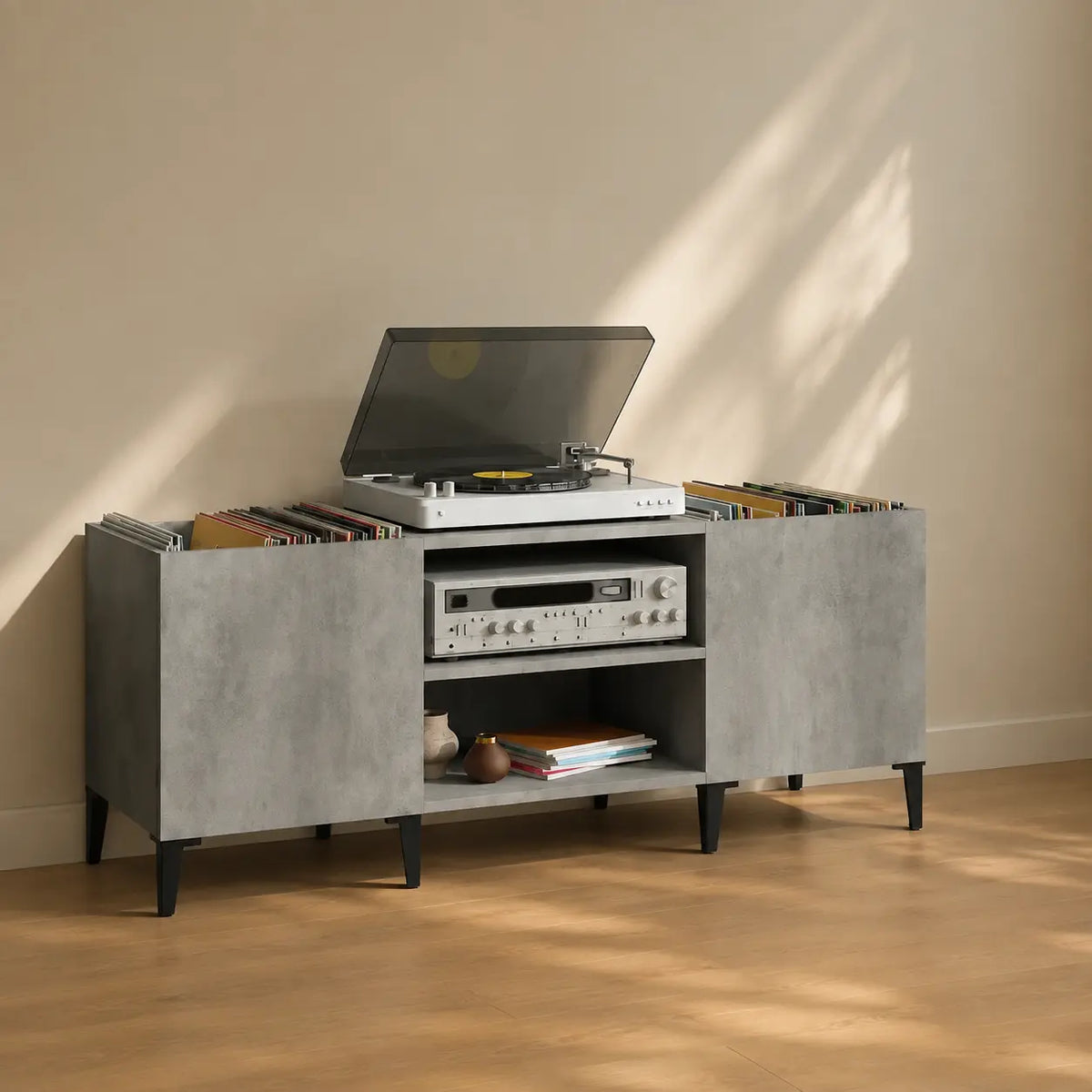Meuble Vinyle pour Platine Gris Béton 121 cm | Gravo