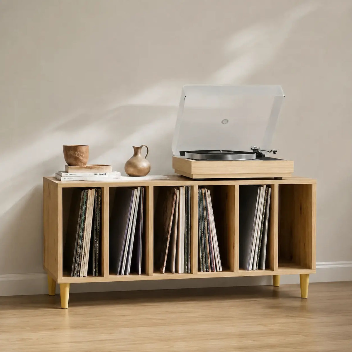 Meuble Vinyle pour Platine Chêne Artisanal 100 cm Pieds Bois | Orlan