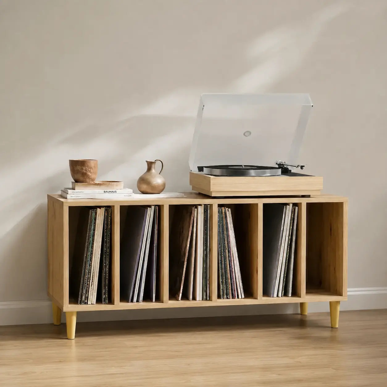Meuble Vinyle pour Platine Chêne Artisanal 100 cm Pieds Bois | Orlan