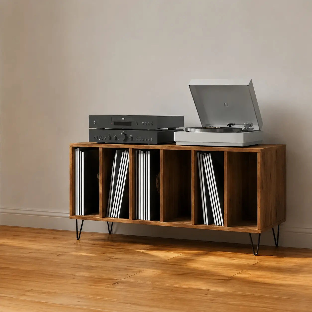 Meuble Vinyle pour Platine Chêne Artisanal 100 cm Pieds Métal | Metra