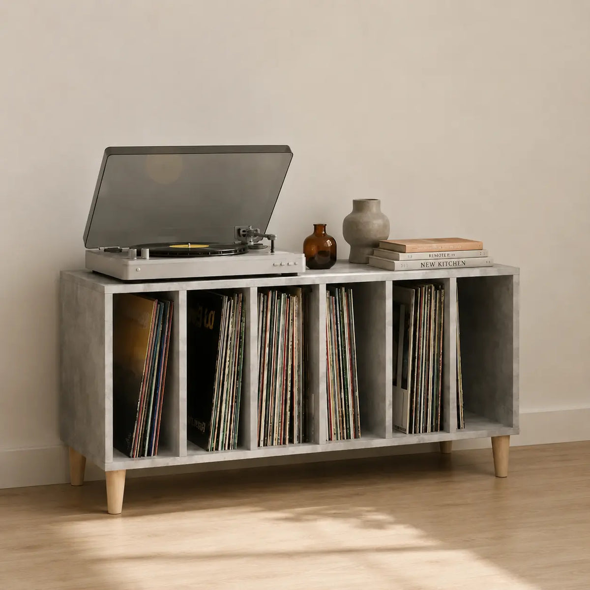 Meuble Vinyle pour Platine Gris Béton 100 cm | Dameli