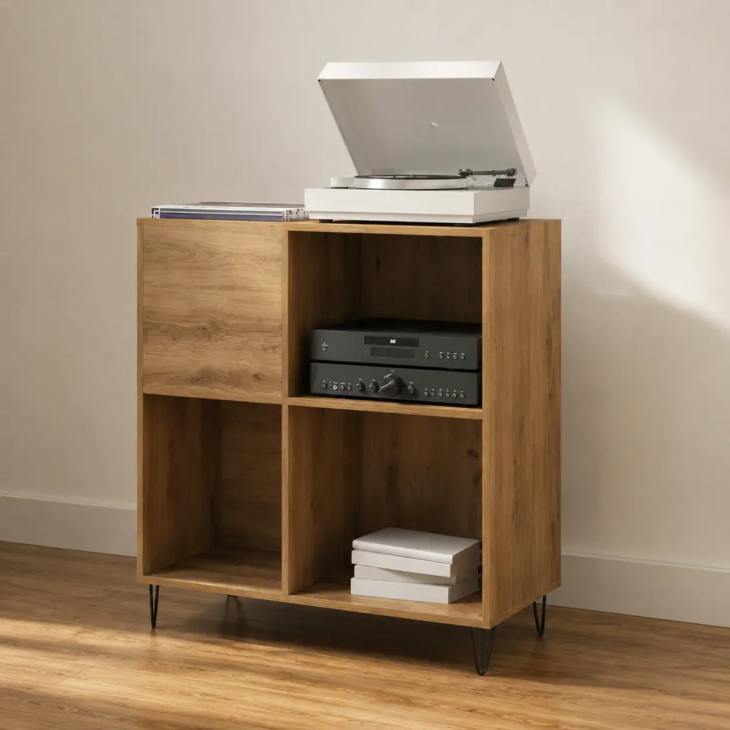 Meuble Vinyle pour Platine Chêne Artisanal Vertical 85 cm | Solin