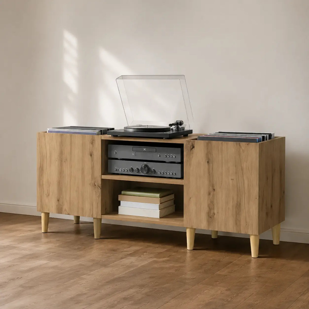 Meuble Vinyle pour Platine Chêne Artisanal 121 cm | Vaska