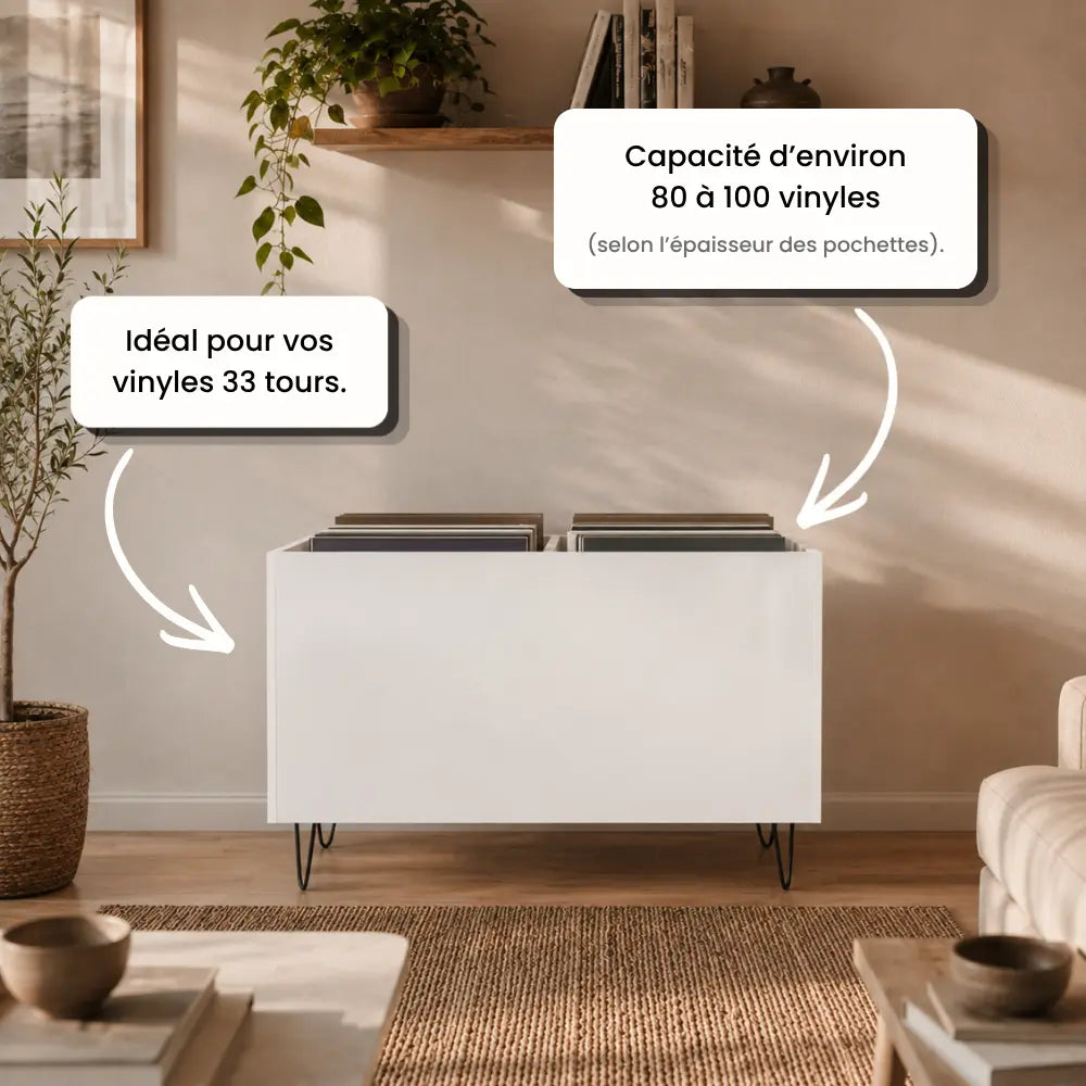 Bac de rangement pour disques vinyles en bois couleur blanc brillant